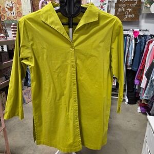Eileen Fisher Lime Green Cotton Spandex Button Front Long Sleeve Shirt Size S